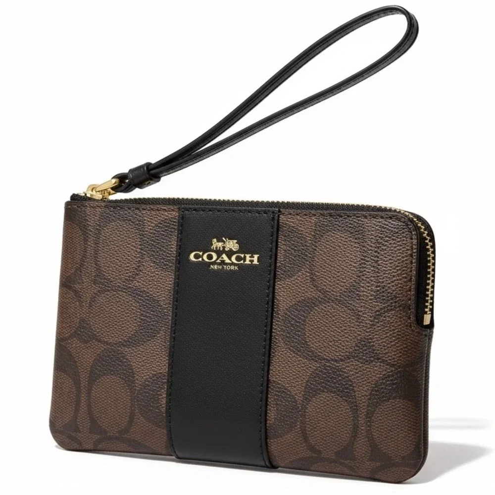 Coach Signature Coated Canvas Corner Zip Wristlet Brown Black Gold